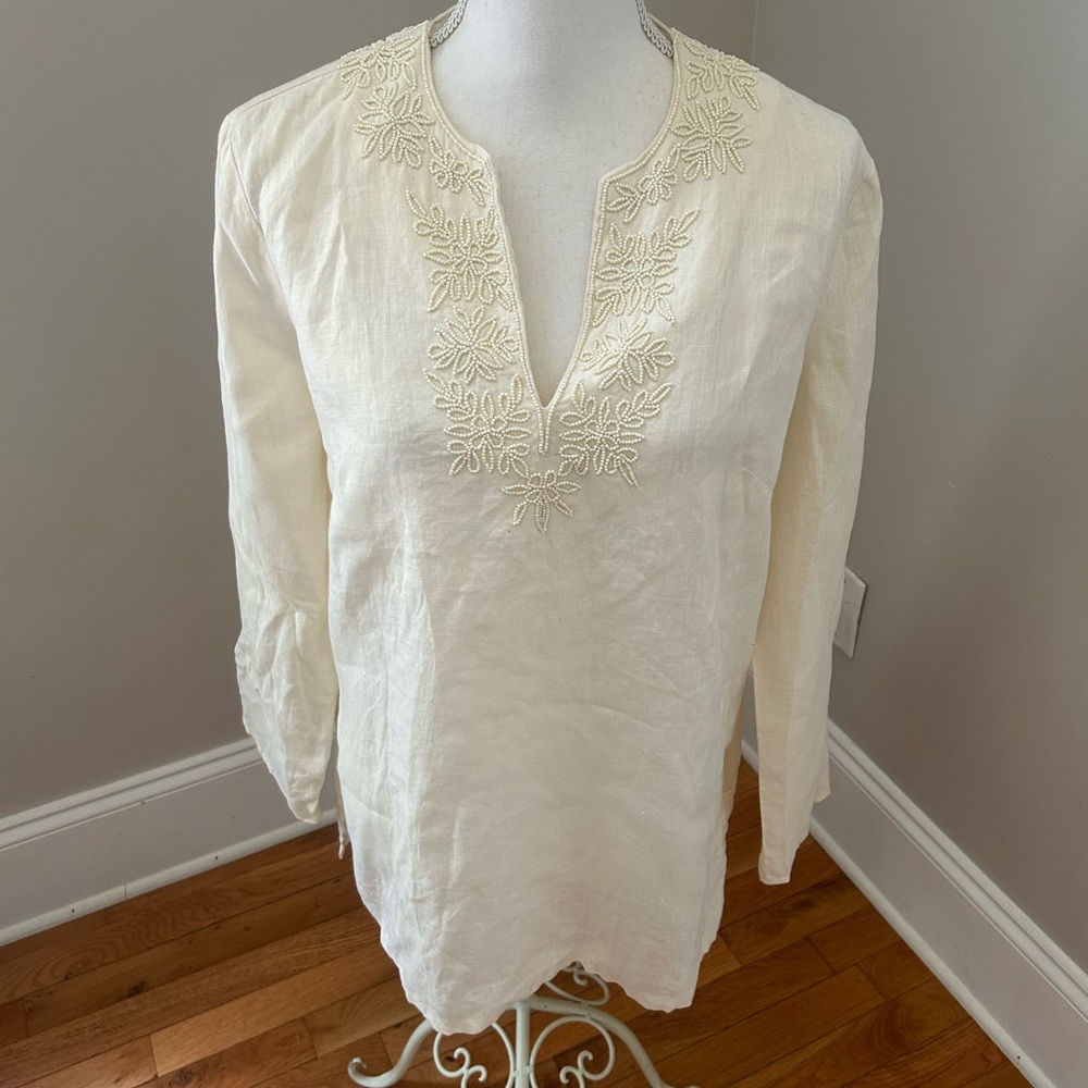 Lands’ End Womens 100% Linen Tunic Top Ivory Medium 10-12 Beaded Neckline